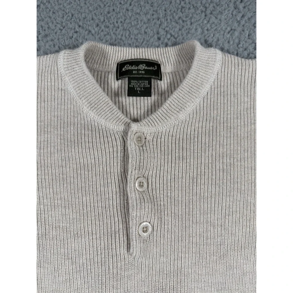 Eddie Bauer Swearter Mens LT Cream Biege Henley Knit Long Sleeve Pullover Button - Picture 5 of 10